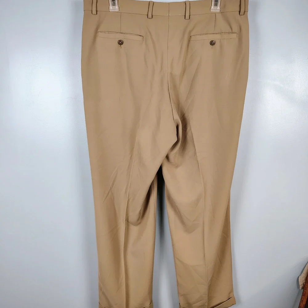 Alan Flusser Mens 38X30 Golf Pleated Cuffed Dress Pants Tan Khaki Preppy Classic